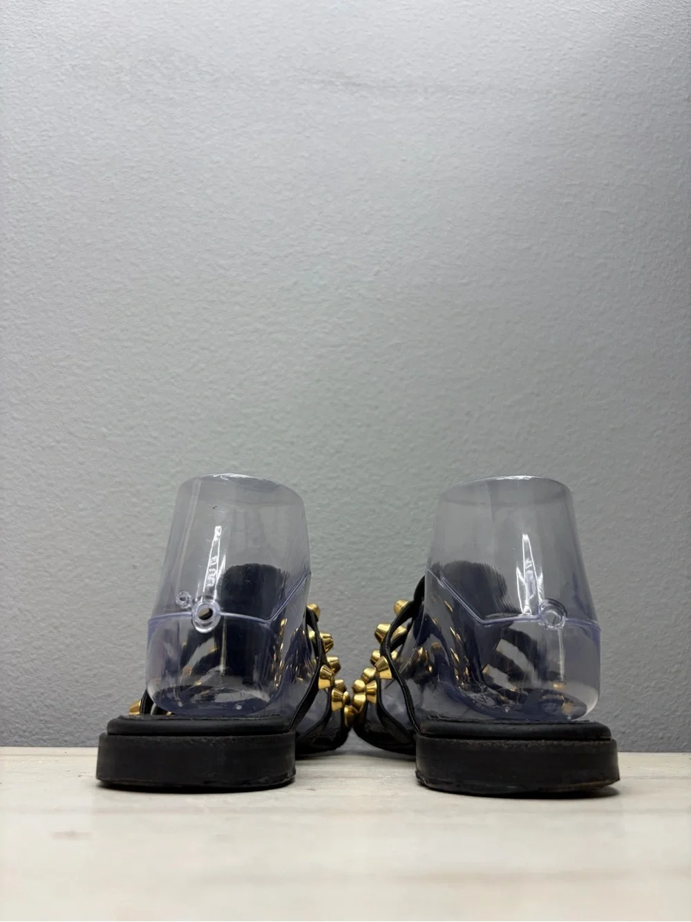 Balenciaga Black Leather Palladium Giant Gold Studded Flat Sandals Size 38